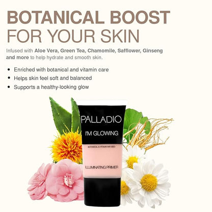 Palladio I'm Glowing Illuminating Primer, Pearly Pink Makeup Primer for Face, Contains Aloe Vera, Grape Seed Oil, Green Tea, Brightens Complexion, Combats Wrinkles, Fine Lines & Pores