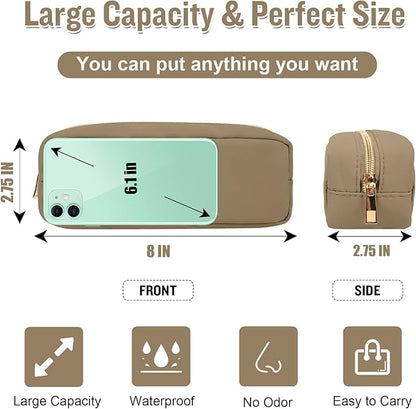 IZUZTA Nylon Slim Makeup Bag, Preppy Cute Makeup Brush Case Bag, Waterproof Travel Toiletry Bag Clutch Coin Pouch Make Up Organizer for Women Girls (Khaki)