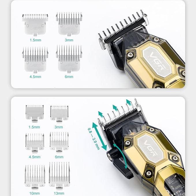 VGR Professional Hair Clippers for Men, Cordless Barber Clippers and Trimmers Set, Mens Hair Cutting Kit with 10 Guide Combs, USB Rechargeable Haircut Machine for Family, LED Display, Gold