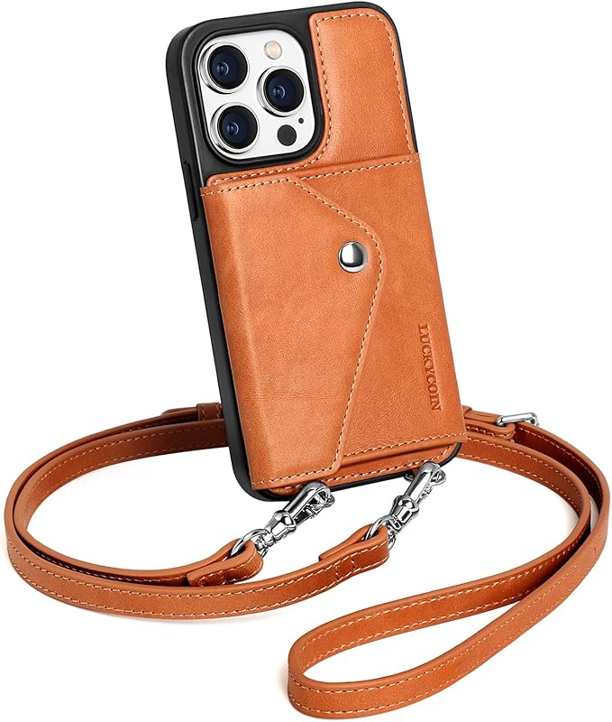 LUCKYCOIN Crossbody Wallet Phone Case for iPhone 14 Pro Max,100% Genuine Leather Wallet Phone Case with Expandable Flip Card Holder,Phone Purse for Women with Adjustable Removable Strap - Brown