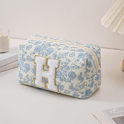 JOVAKIT Alphabet Makeup Bag Cosmetic Bag for Women, Christmas Gifts for Girls Age 6-18, Floral Flowers Coquette Travel Toiletry Zipper Make Up Pouch Organizer Trendy Stuff (2Pcs Blue Floral H)