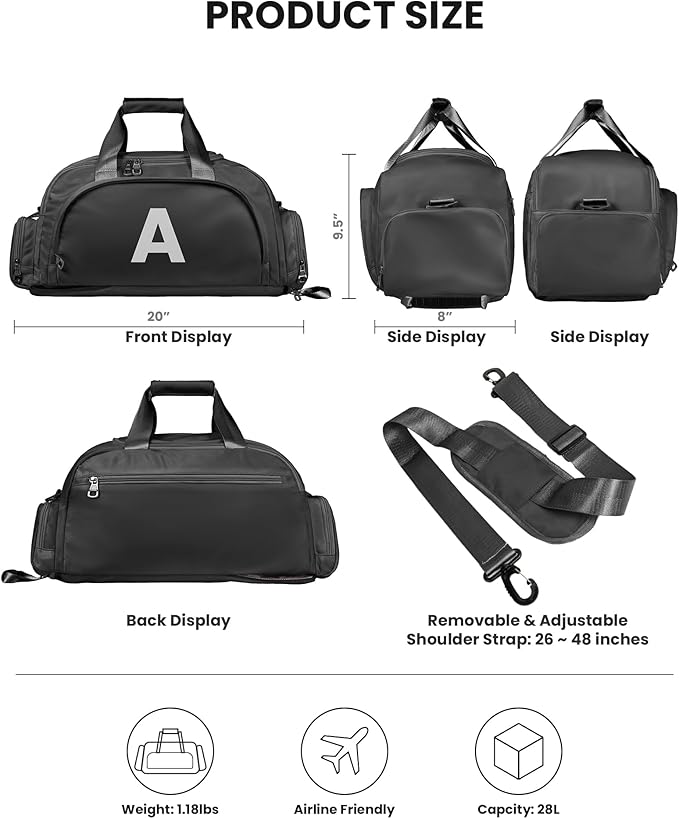 Sweet 16 Gifts for Girls, Initial Gym Bags with Shoe Compartment, Dance Bag for Girls, Monogram Kid Overnight Bags, Travel Duffle Tote-Perfect for Volleyball Sport Gymnastics (Letter T)