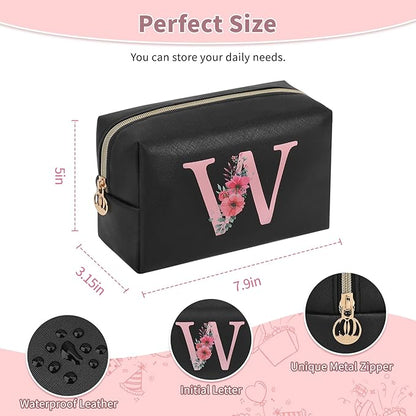 Personalized Initial Makeup Bag, Birthday Gifts for Women and Girls, Small Makeup Pouch Travel Toiletry Bag, Make Up Organizer Bag Gift Trendy Stuff for Friend Mom Teacher, Black