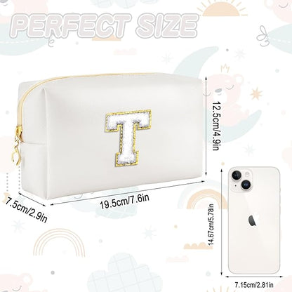 Gifts for Girls Initial Makeup Bag Personalized Cosmetic Bag with Zipper Cute Travel Toiletry Bags Waterproof PU Preppy Makeup Pouch Birthday Gift for Teen Girls Women(White T)