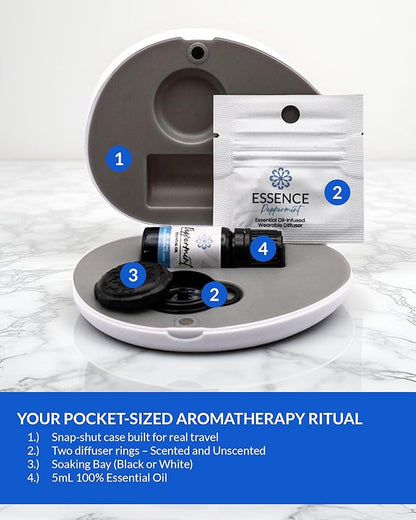 Essence Pearl Travel Case - Wearable Aromatherapy Kit with Nasal Diffuser Rings, Soaking Bay, and 5mL Essential Oil – Portable Wellness Gift Set for On?The?Go Self Care