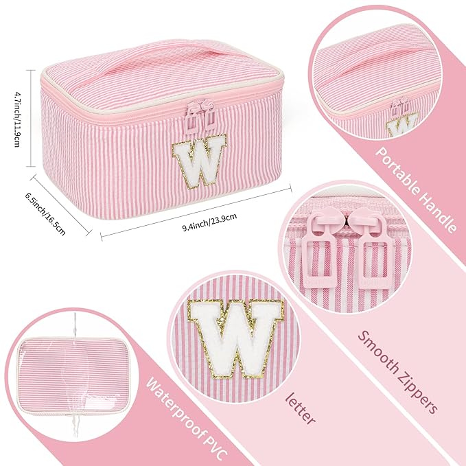 OCHEAL Makeup Bag for Women, Monogram Cosmetic Bag with Brush Holder, Pink Travel Makeup Case Beauty Toiletry Bag Organizer Personalized Gifts for Girls Bridesmaid, Sister, Wife, Friends Initial W