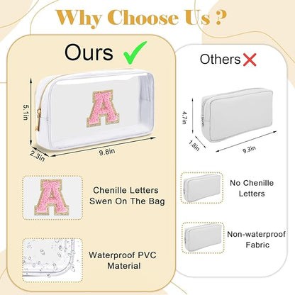 Personalized Initial Letter Clear Makeup Bag,Preppy Small Nylon&PVC Cosmetic Zipper Bag with Chenille Letter,Travel Skincare Toiletry Bag,Monogram Christmas Gift for Teen Girls Women,F