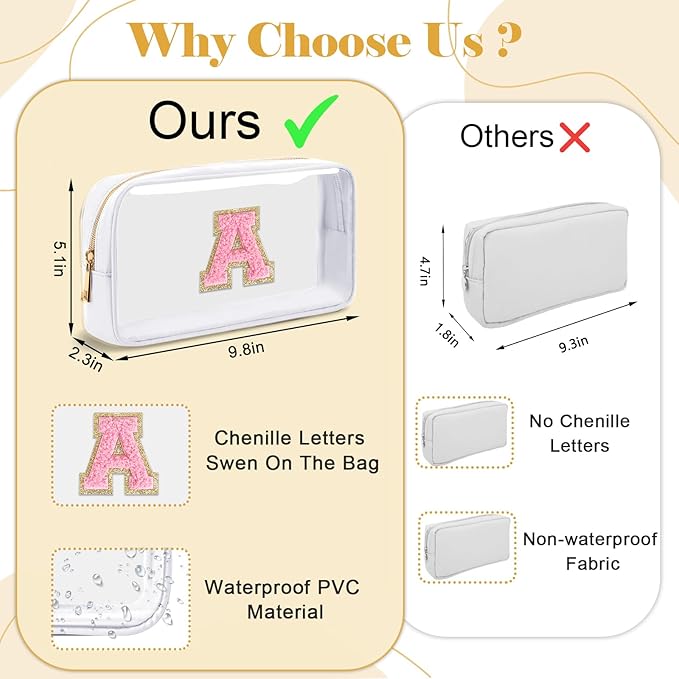 Personalized Initial Letter Clear Makeup Bag,Preppy Small Nylon&PVC Cosmetic Zipper Bag with Chenille Letter,Travel Skincare Toiletry Bag,Monogram Christmas Gift for Teen Girls Women,O