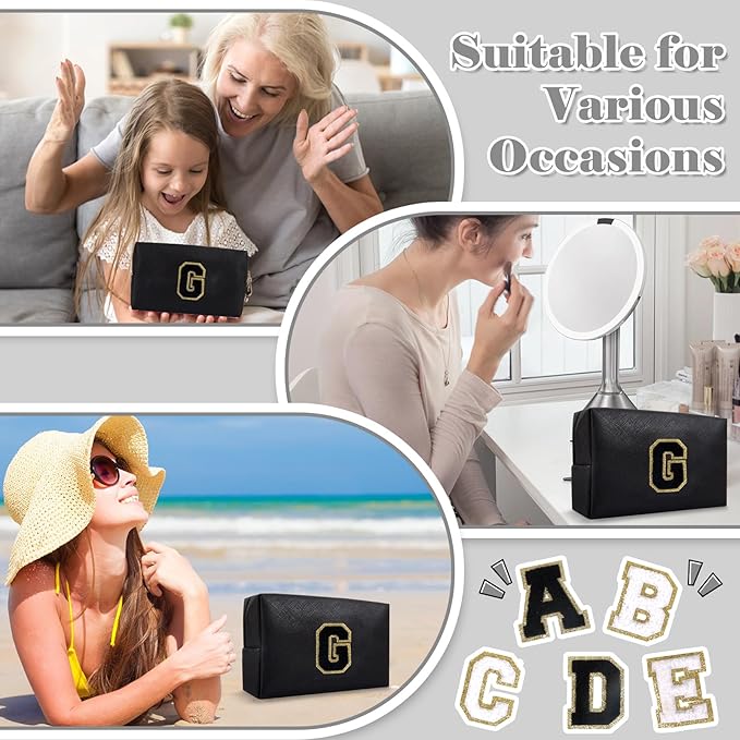 Personalized Initial A-Z Preppy Patch Makeup Bag,Small PU Chenille Letter Cosmetic Bag with Zipper for Teen Girls,Black Cute Toiletry Organizer Bag,Monogram Makeup Case Gift for Women Girls,Letter G