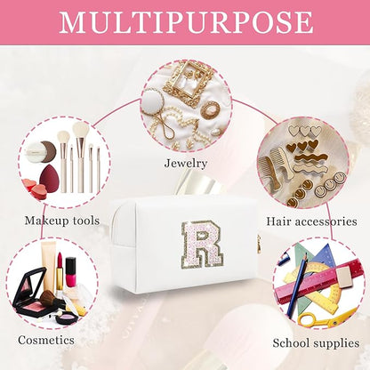 Personalized Initial Letter Makeup Bag, Small Glitter Letter Patch Cosmetic Pouch Zipper, Preppy Makeup Organizer PU Waterproof Travel Toiletry Bag,Monogrammed Birthday Gift for Women Girls(Letter R)