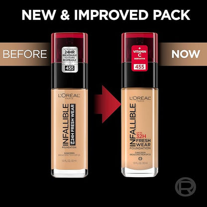 L'Oreal Paris Makeup Infallible Up to 32 Hour Fresh Wear Lightweight Foundation, 400 Pearl, 1 Fl Oz, Packaging May Vary