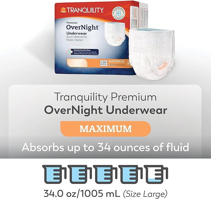 Tranquility Premium OverNight Disposable Absorbent Underwear (80 Count) - S, 22-36 in. Waist - Maximum Absorbency, All-Night Sleep, Breathable Comfort, 80 Adult Diapers