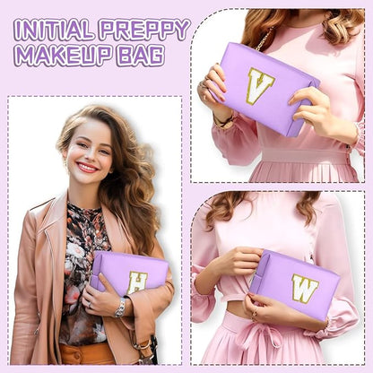 TOPEAST Preppy Makeup Bag, Small Cosmetic Travel Bags for Women, PU Leather Waterproof Toiletry Bag with Zipper, Personalized Birthday Gift for Women Girl, Preppy Gifts for Girl (Purple Z)