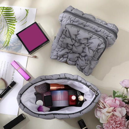 3 Pcs Puffy Makeup Bag Quilted Cosmetic Pouch for Women Cute Checkered Travel Toiletry Bag Puffer Makeup Organizer Purse Pouch Preppy Pencil Case with Zipper