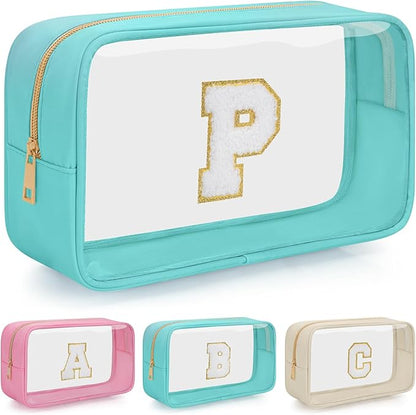 Personalized Initial Clear Makeup Bag, Travel Chenille Patch Cosmetic Bag, Preppy Toiletry Bag Monogram Cosmetic Pouch with Zipper, Ideal Gift for Teen Girls Women (Clear-Green, P)
