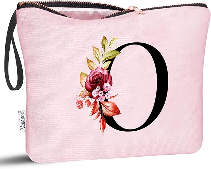 Vavabox A-Z Personalized Makeup Bag, Birthday Gifts for Women Mom, Gifts for Best Friend, Bride Bridesmaid Cosmetic bag (O, Pink)
