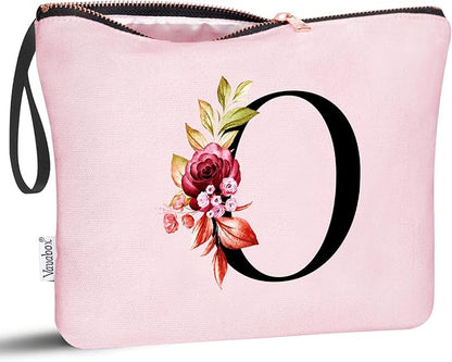 Vavabox A-Z Personalized Makeup Bag, Birthday Gifts for Women Mom, Gifts for Best Friend, Bride Bridesmaid Cosmetic bag (O, Pink)
