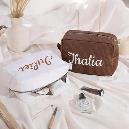 Personalized Embroidered Waffle Cosmetic Bags, Custom Thicken Beauty Makeup Packet Bag for Women Girls, Travel Makeup Pouch, Aesthetic Toiletry Case, Bridal Bridesmaid Party, Birthday, Wedding Gifts