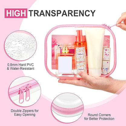 Sanwuta 6 Pcs Clear Hard Zipper Case Hard Plastic Zipper Pouches Makeup Bag Pencil Pouches Transparent Cases for Snacks Plastic Storage Organizer Box for Travel(Pink,7.87 x 5.9 x 2 Inch)