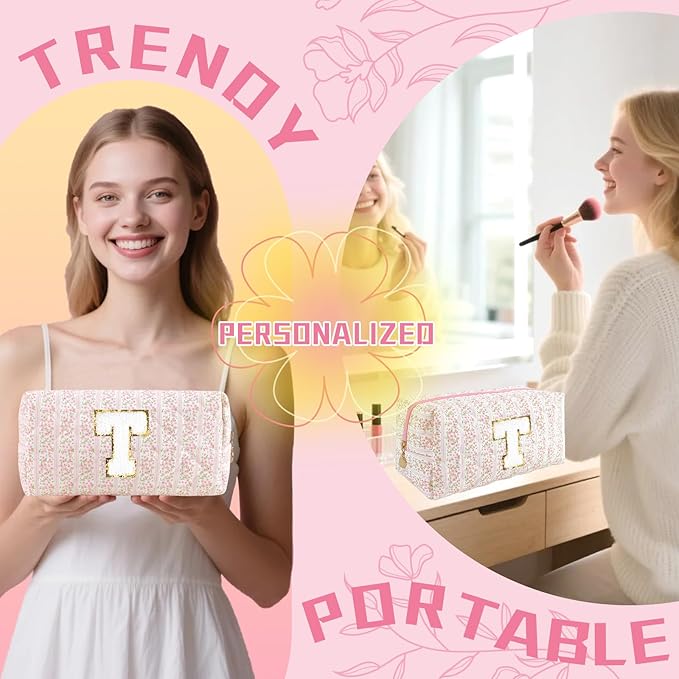 Personalized Quilted Cosmetic Bag, Puffy Monogrammed Christmas Birthday Gifts for Women & Girls, Cute initial Floral Makeup Bag Puffer Coquette Bag, Aesthetic Travel Toiletry Zipper Pouch(Pink,T)