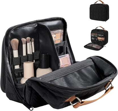 MOKURA Quilted Makeup Bag, Large Capacity Cosmetic Bag with Jewelry Organizer, Portable Make up Pouch, Waterproof Travel Toiletry Case with Compartments, Gifts for Women Girls, Black