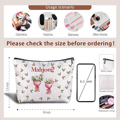Christmas Mahjong Cocktail Makeup Bag, Mahjong Lover Player Gifts Cosmetic Bags for Women, Gifts for Cocktail Lovers, Christmas Holly Berry Mah Jong Makeup Zipper Pouch