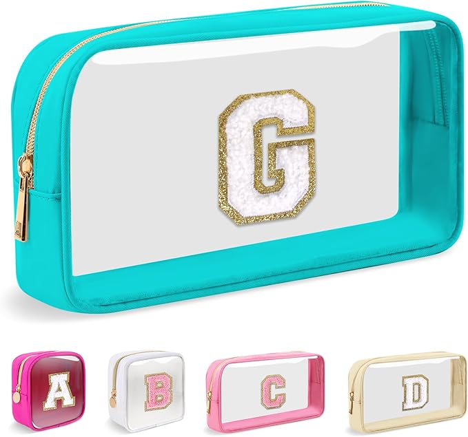 Small Clear Personalized Initial Makeup Bag,Nylon Preppy A-Z Chenille Letter Patch Cosmetic Pouch Beach Toiletry Bag,Waterproof Zipper Travel Purse Storage Bag Organizer for Women Girls(Cyan-White G)