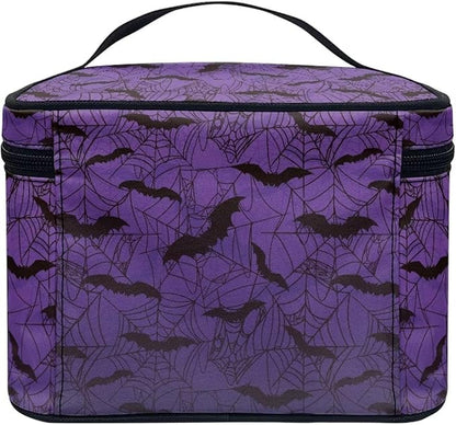 Gothic Halloween Purple Spider Web Bag Bats Print Makeup Bag Travel Cosmetic Bag with Zipper and Handle Portable Large Capacity Toiletry Case for Women Ladies Travel Accessories