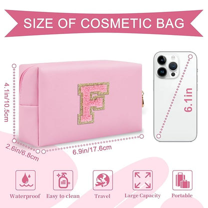 Personalized Initial A-Z Preppy Patch Makeup Bag,Small PU Leather Chenille Letter Cosmetic Bag with Zipper for Teen Girls,Pink Cute Travel Toiletry Bag,Birthday Monogrammed Gift for Daughter,Letter F