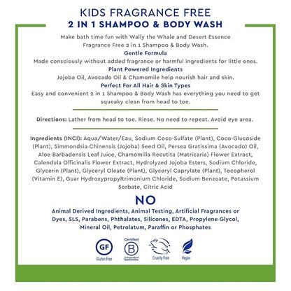 Desert Essence Kids Fragrance Free 2-in-1 Shampoo & Body Wash 12.0 fl oz - Vegan, Gluten-Free. Cruelty-Free - Leaves Hair & Skin Nourished - Gentle Formula