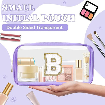 Small Clear Personalized Initial Makeup Bag,Nylon Preppy A-Z Chenille Letter Patch Cosmetic Pouch Beach Toiletry Bag,Waterproof Zip Travel Purse Storage Bag Organizer for Women Girls(Purple-White B)