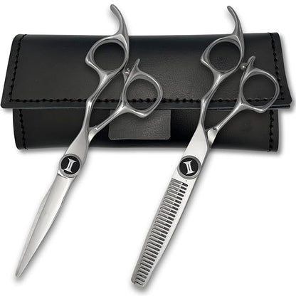 Apex 6" Complete Set of Hair Cutting Shears Includes a 6" Cutting Scissors and a 6" Thinning Shear with a Leather Case - 440C Stainless Steel - Designed by Saki Shears