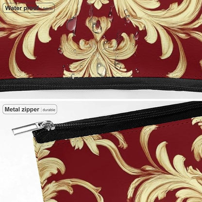 Fashion Zipper Cosmetic Case, Portable Makeup Case, Personality Toiletry Bag, Travel Cosmetic Toiletry Bag Flower Red Gold Floral Classy Burgundy Antique