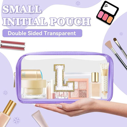 Small Clear Personalized Initial Makeup Bag,Nylon Preppy A-Z Chenille Letter Patch Cosmetic Pouch Beach Toiletry Bag,Waterproof Zip Travel Purse Storage Bag Organizer for Women Girls(Purple-White L)
