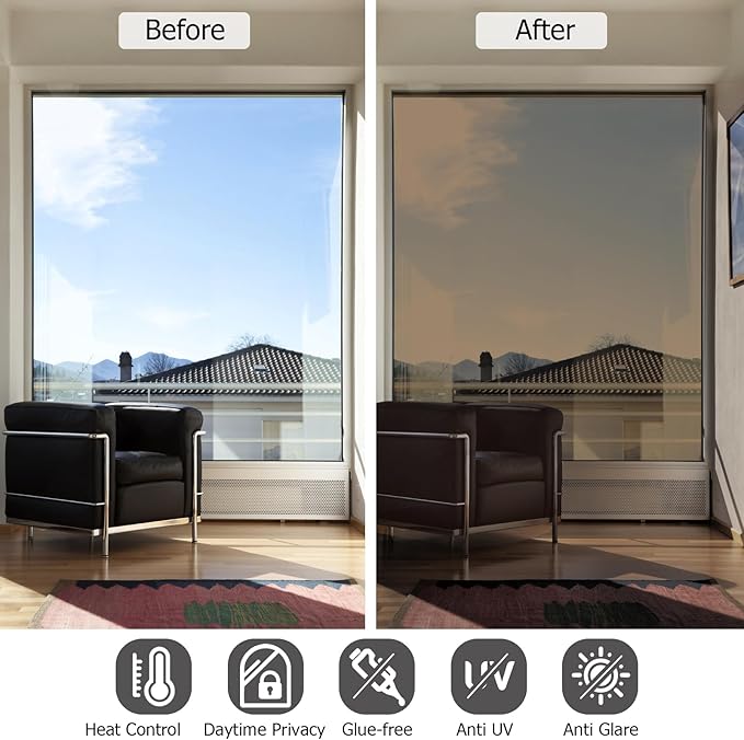HIDBEA One Way Mirror Window Film, Daytime Privacy Sun Blocking Reflective Window Film Static Cling Heat Control Window Tinting Film for Home and Office, Brown Silver, 35.4 x 78.7 Inch