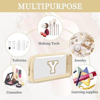 Small Clear Personalized Initial Makeup Bag, Preppy A-Z Chenille Letter Patch Cosmetic Bag, Cute Transparent Nylon Waterproof Zipper Beach Varsity Letter Pouch, Gift for Women Girls(Beige-White Y)