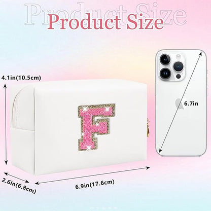 Small Personalized Glitter Initial Letter Makeup Bag, Cute PU Leather Chenille Letters Cosmetic Bag Travel Makeup Pouch, Preppy Travel Organizer Zipper Pouch for Women&Girls（WhiteRosePink-F）