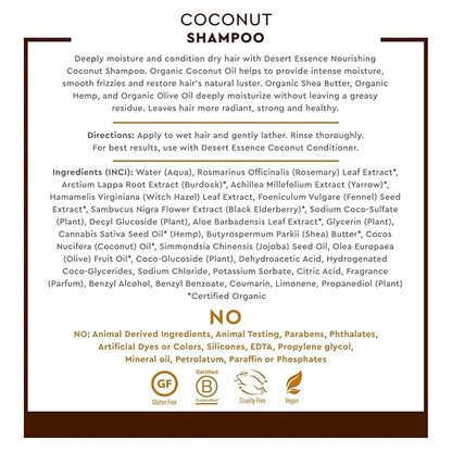 Desert Essence Coconut Shampoo, 8 fl oz - Gluten Free, Vegan, Paraben Free - Nourishing for Dry Hair with Coconut Oil, Shea Butter, & Hemp Oil - Mousturizes & Smooths Frizz 8 fl oz.