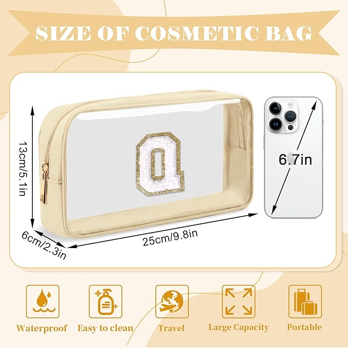 Personalized Initial Letter Clear Makeup Bag,Preppy Small Nylon&PVC Cosmetic Zipper Bag with Chenille Letter,Portable Beach Travel Skincare Toiletry Bag,Trendy Monogram Gift for Teen Girls Women,Q