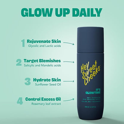 Skin Perfecting Body Blemish Treatment Lotion, AHA & BHA Glycolic Acid Body Lotion for Butt Blemish, Dark Spots, and Radiant Glow, It's Glowtime by Hey Sweet Cheeks, 6.76 oz