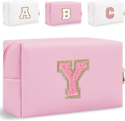Small Personalized Glitter Initial Letter Makeup Bag, Cute PU Leather Chenille Letters Cosmetic Bag Travel Makeup Pouch, Preppy Travel Organizer Zipper Pouch for Women&Girls（PinkPink-Y）