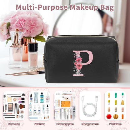 Personalized Initial Makeup Bag, Birthday Gifts for Women and Girls, Small Makeup Pouch Travel Toiletry Bag, Make Up Organizer Bag Gift Trendy Stuff for Friend Mom Teacher, Black