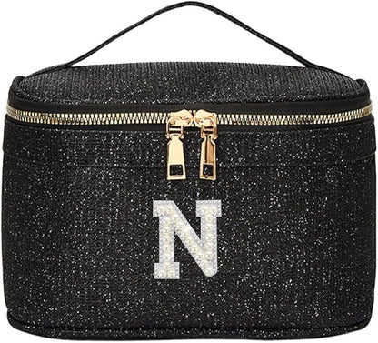 EURYNOME Makeup Bag with Custom Letter N, Water-Resistant Travel Organizer Pouch, (8.3x5.1x5.1 Inch) Cosmetic Case for Women
