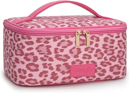 Montana West X Wrangler Travel Makeup Bag 2pcs Set Large Cosmetic Bag with Makeup Brush Holder Portable Make Up Organizer Cute Toiletry Bag with Divider and Handle for Women Leopard