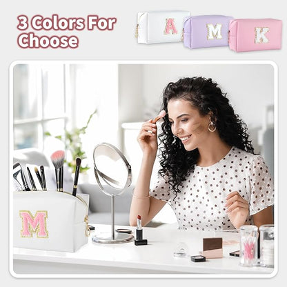 MSQ Personalized Makeup Bag Initial A-Z Patch Bag, PU Leather Cosmetic Bag Pouch Travel Toiletry Bag with Zipper, Gift Ideal for Teen Girls Friend Mom Women Birthday (White M)