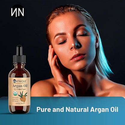 Natnique Organic Argan Oil, 2 oz – Pure Cold-Pressed Moroccan Oil from Morocco for Hair, Skin, Face & Nails – USDA Certified Organic, Virgin Aceite de Argan Cabello, Hexane-Free Moisturizer