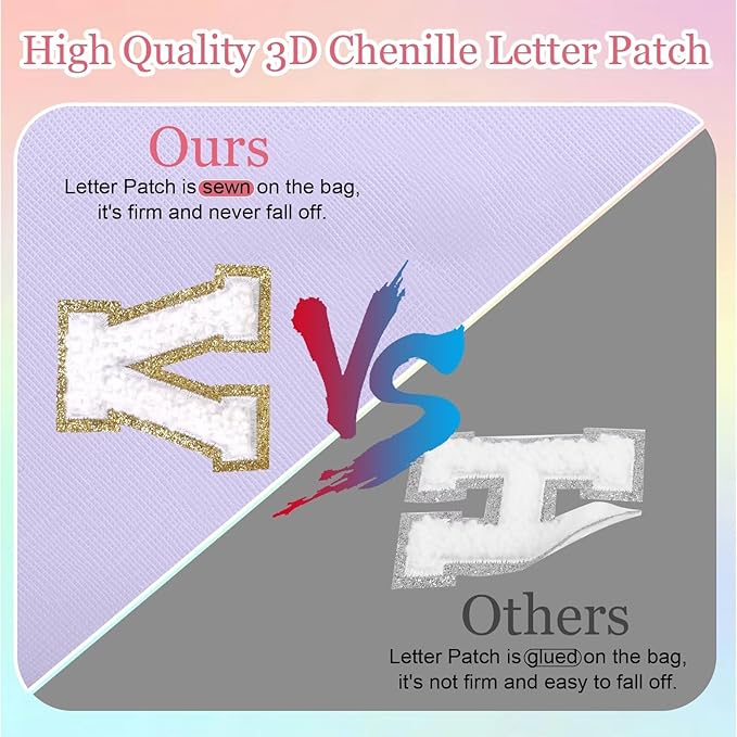 Small Personalized Letter Makeup Bag, Cute PU Leather Chenille Letters Cosmetic Bag Travel Makeup Pouch, Preppy Travel Organizer Zipper Pouch for Women&Girls（Purple-V）