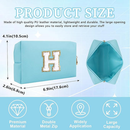 Personalized Initial Letter Patch Makeup Bag, Preppy Portable Chenille Letter Cosmetic Bag with Zipper, PU Leather Waterproof Travel Toiletry Bag Monogram Make Up Pouch for Women Girls