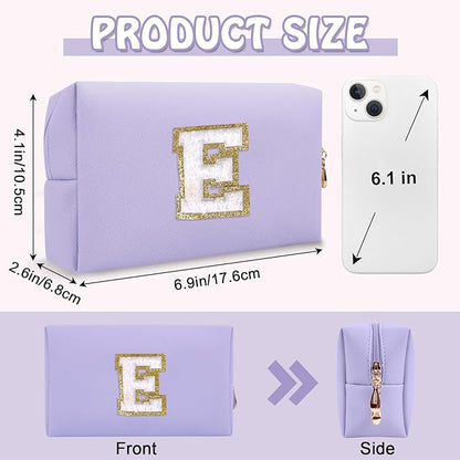 Personalized Chenille Letter Preppy Makeup Bag, Small Purple Initial Cosmetic Organizer Toiletry Zipper Pouch Monogram Make Up Storage, Waterproof PU Make Up Case Travel Essentials for Women(Letter E)