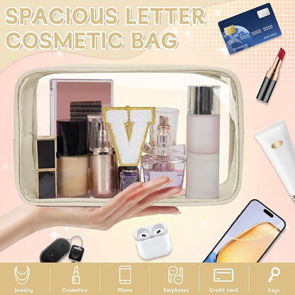 Personalized Initial Clear Makeup Bag, Travel Chenille Patch Cosmetic Bag, Preppy Toiletry Bag Monogram Cosmetic Pouch with Zipper, Ideal Gift for Teen Girls Women (Clear-Beige, V)
